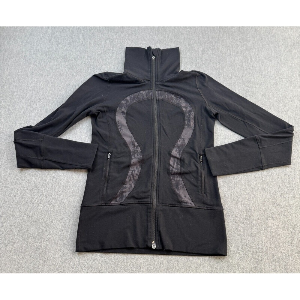 Lululemon Jacket Womens 4 Black Full Zip High Neck Thumbholes Stretch *Read Flaw